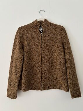 Vintage Jones Sport Womens Full Zip Sweater Cardigan L Brown Boucle Wool Blend
